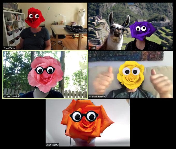 A Zoom Call With Five People Whose Heads Are Multicolored Roses With Googly Eyes